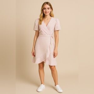 Draper James RSVP Puff Sleeve Wrap Dress Pink Green Stripe Women’s Size M NWT